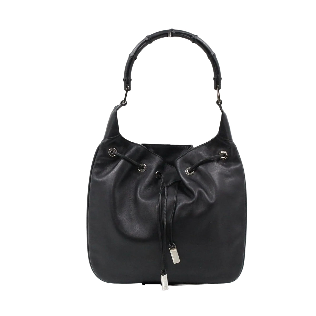 GUCCI Black Leather Bamboo Drawstring Shoulder Bag LHQ2386