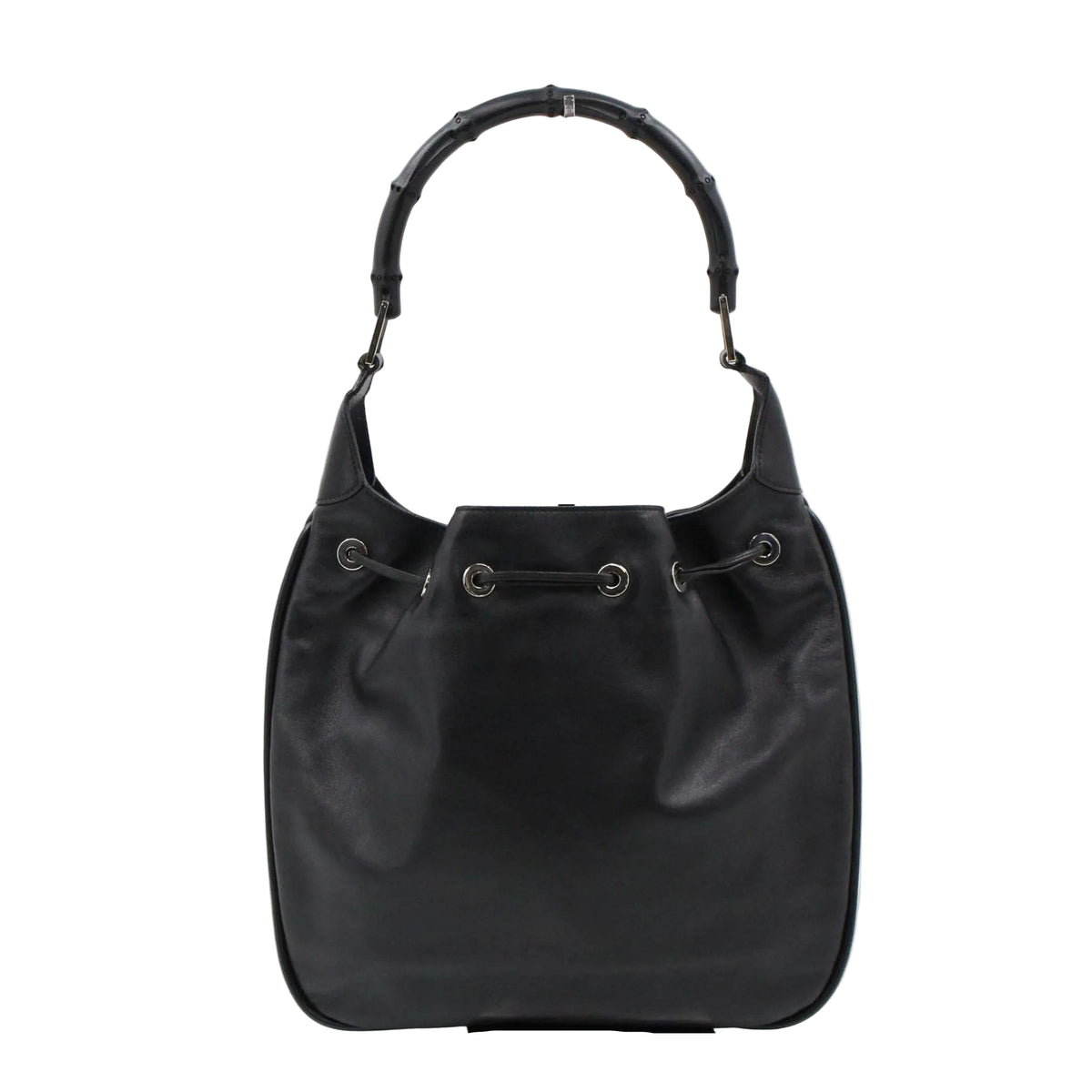 GUCCI Black Leather Bamboo Drawstring Shoulder Bag LHQ2386