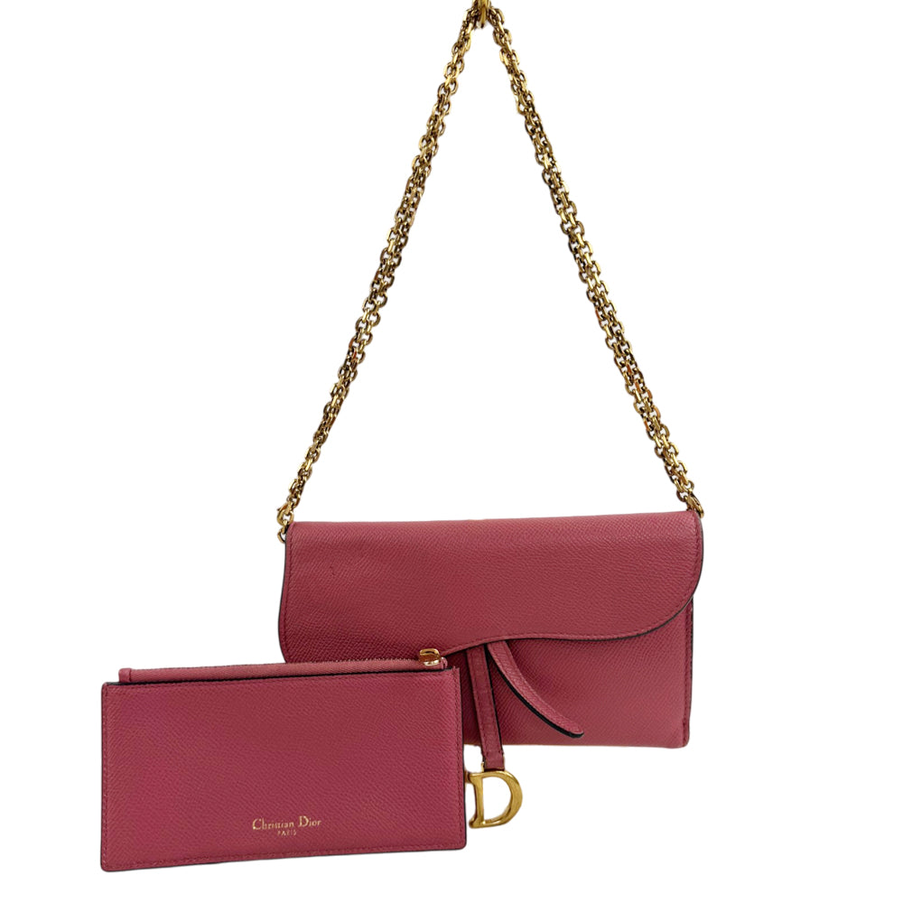 CHRISTIAN DIOR Pink Leather Saddle Wallet On Chain LHQ2366