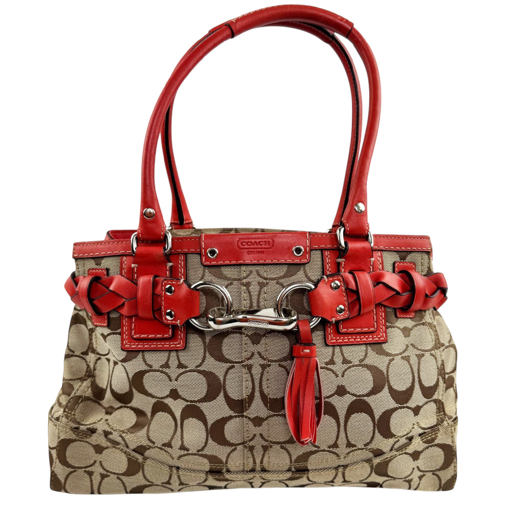 COACH Hampton Signature Brown/Red Canvas and Leather Shoulder Hand Bag LHQ2370