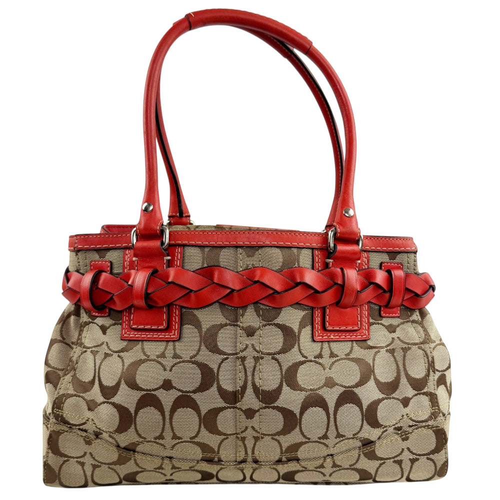 COACH Hampton Signature Brown/Red Canvas and Leather Shoulder Hand Bag LHQ2370