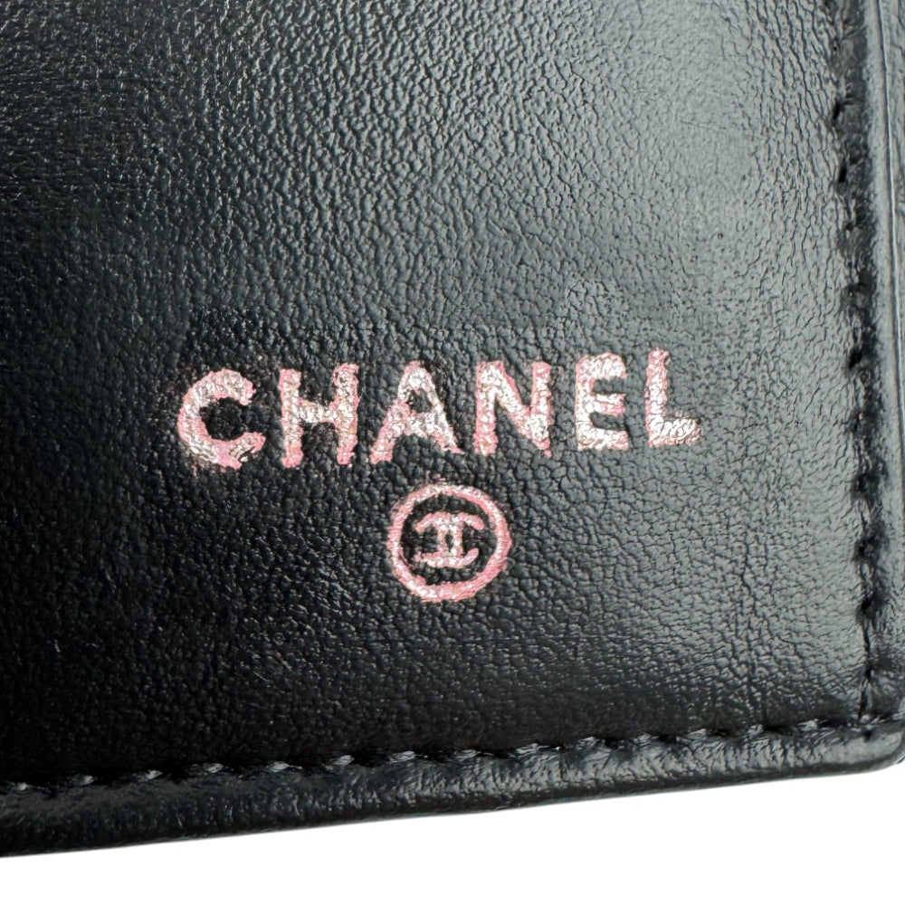 CHANEL Floral Black Leather Long Wallet Purse LHQ09