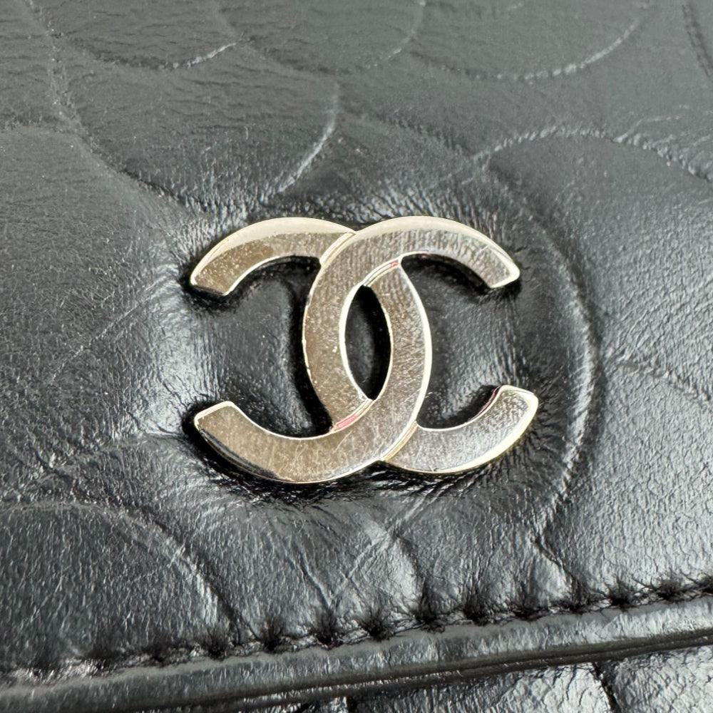 CHANEL Floral Black Leather Long Wallet Purse LHQ09