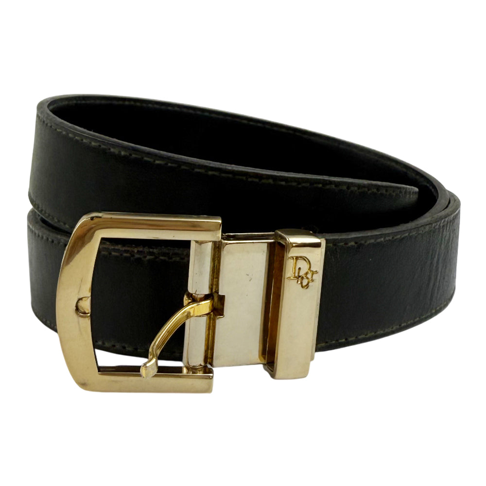 CHRISTIAN DIOR Black Leather Gold Buckle Belt Size 36" LHQ1011