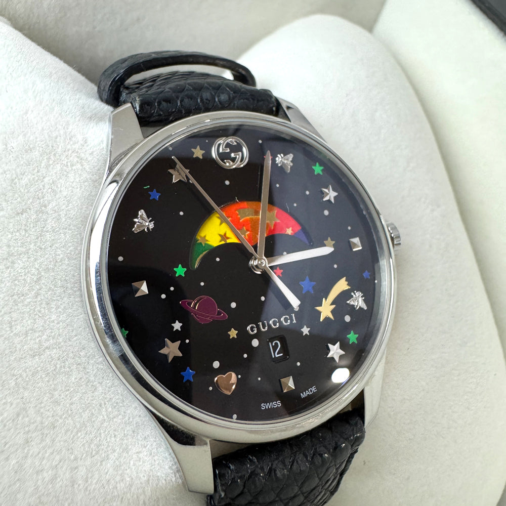 GUCCI G Timeless Moonphase Black Leather Steel Men's Quartz Watch LHQ1047