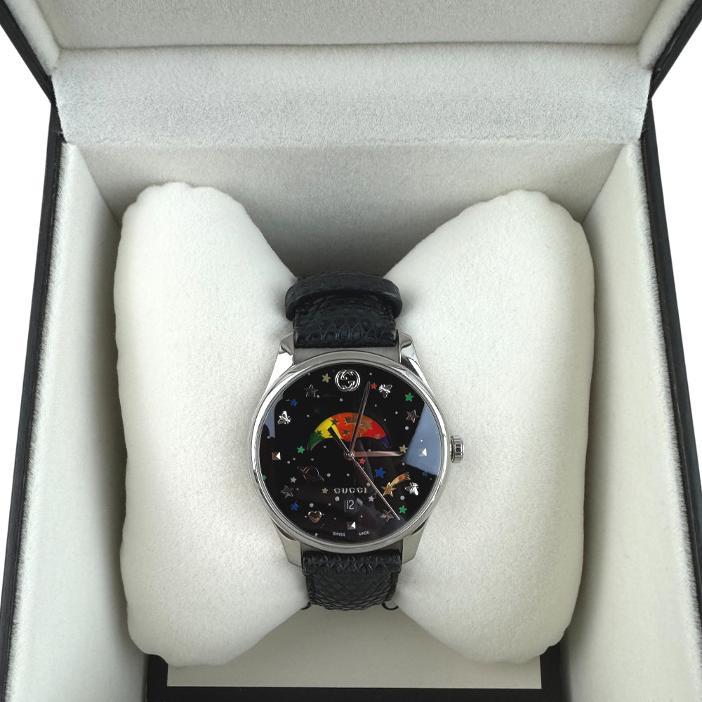 GUCCI G Timeless Moonphase Black Leather Steel Men's Quartz Watch LHQ1047