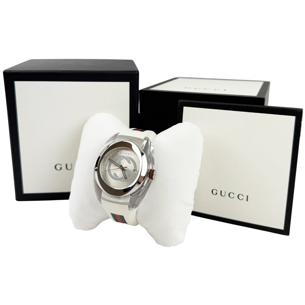GUCCI Sync Sherry Line Silver Steel White Strap Men's Quartz Watch LHQ1048