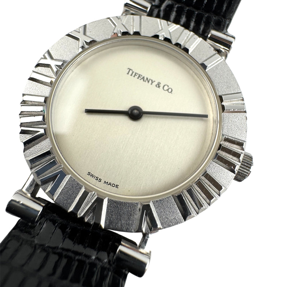 TIFFANY & Co Ladies Atlas 925 Silver Black Strap Watch LHQ1077