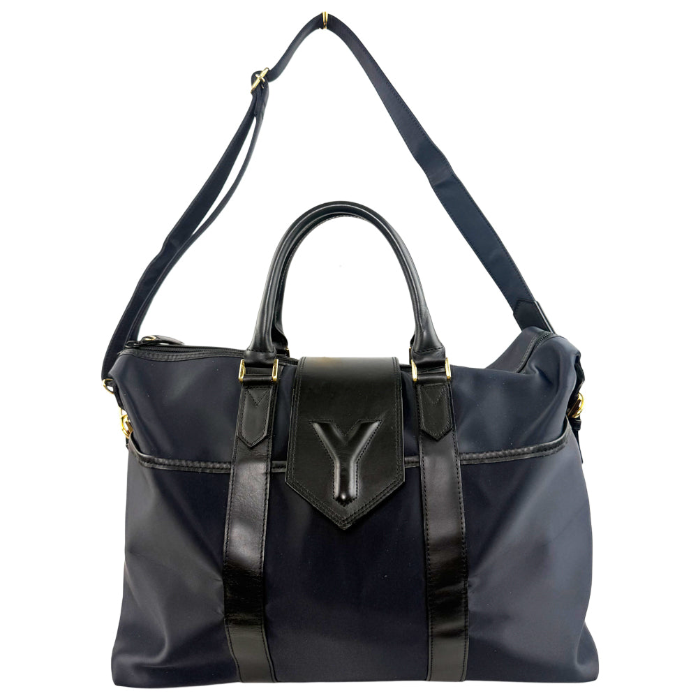 YSL Yves Saint Laurent Y Line 2 Way Nylon & Leather Boston Shoulder Bag LHQ1079