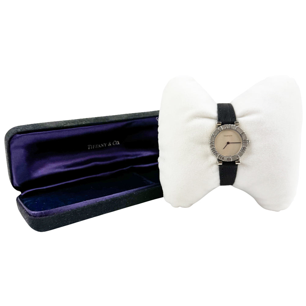 TIFFANY & Co Ladies Atlas 925 Silver Black Strap Watch LHQ1099