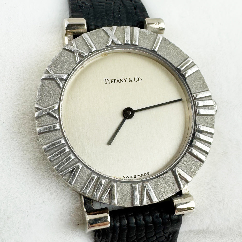TIFFANY & Co Ladies Atlas 925 Silver Black Strap Watch LHQ1099