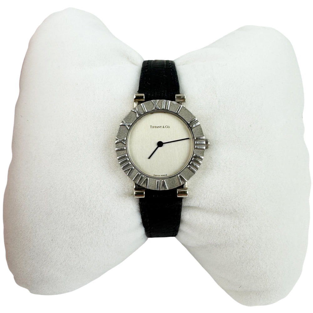 TIFFANY & Co Ladies Atlas 925 Silver Black Strap Watch LHQ1099
