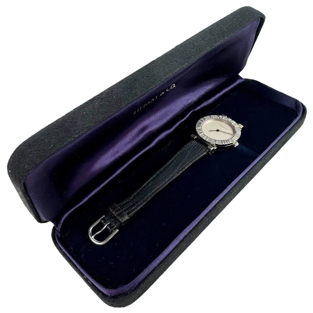 TIFFANY & Co Ladies Atlas 925 Silver Black Strap Watch LHQ1099