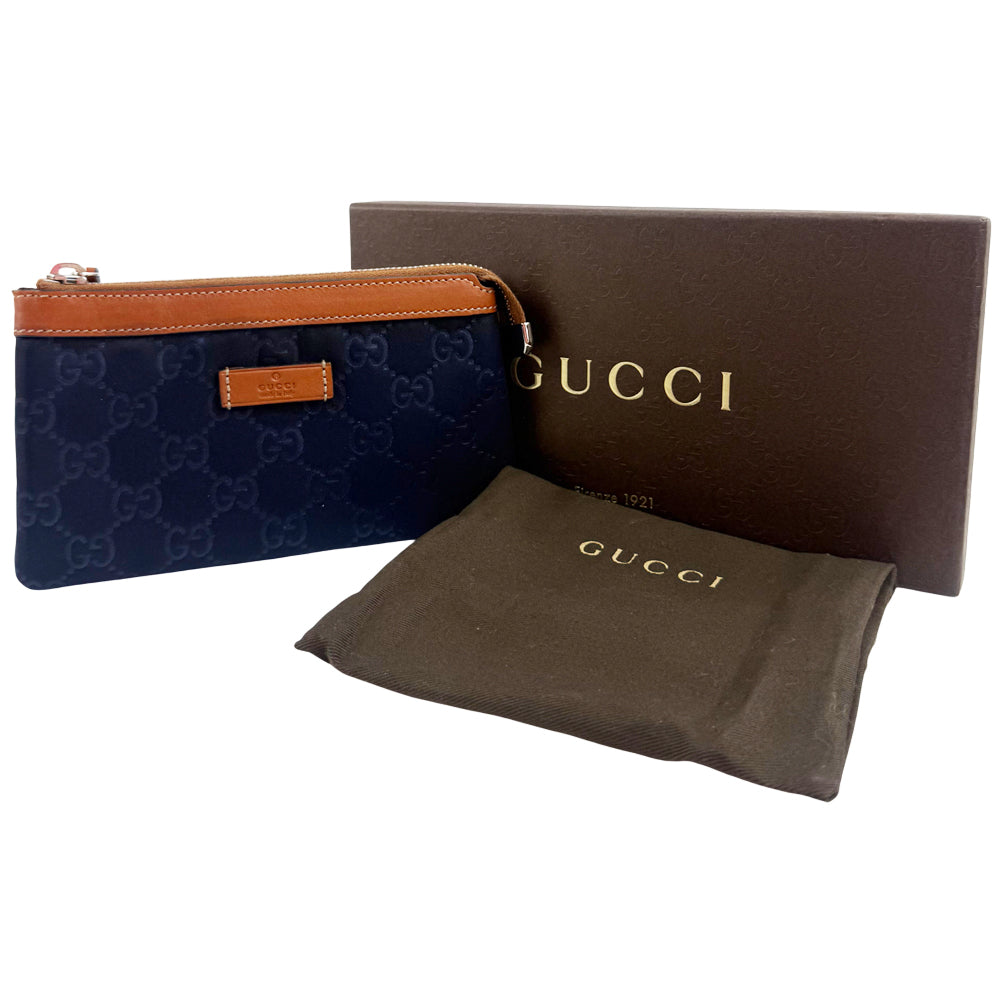 GUCCI GG Supreme Navy & Brown Leather Clutch Pouch LHQ1107