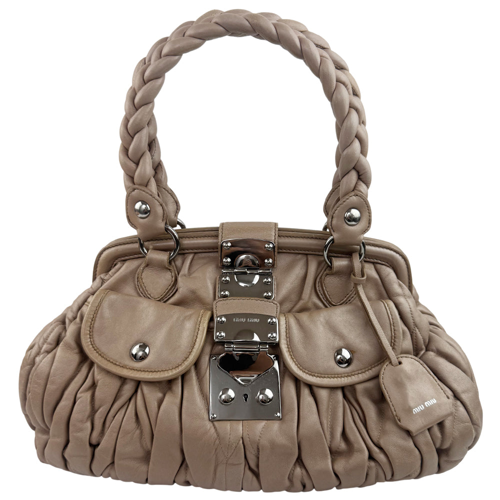 MIU MIU Matelasse Brown Leather Shoulder Hand Bag LHQ1165