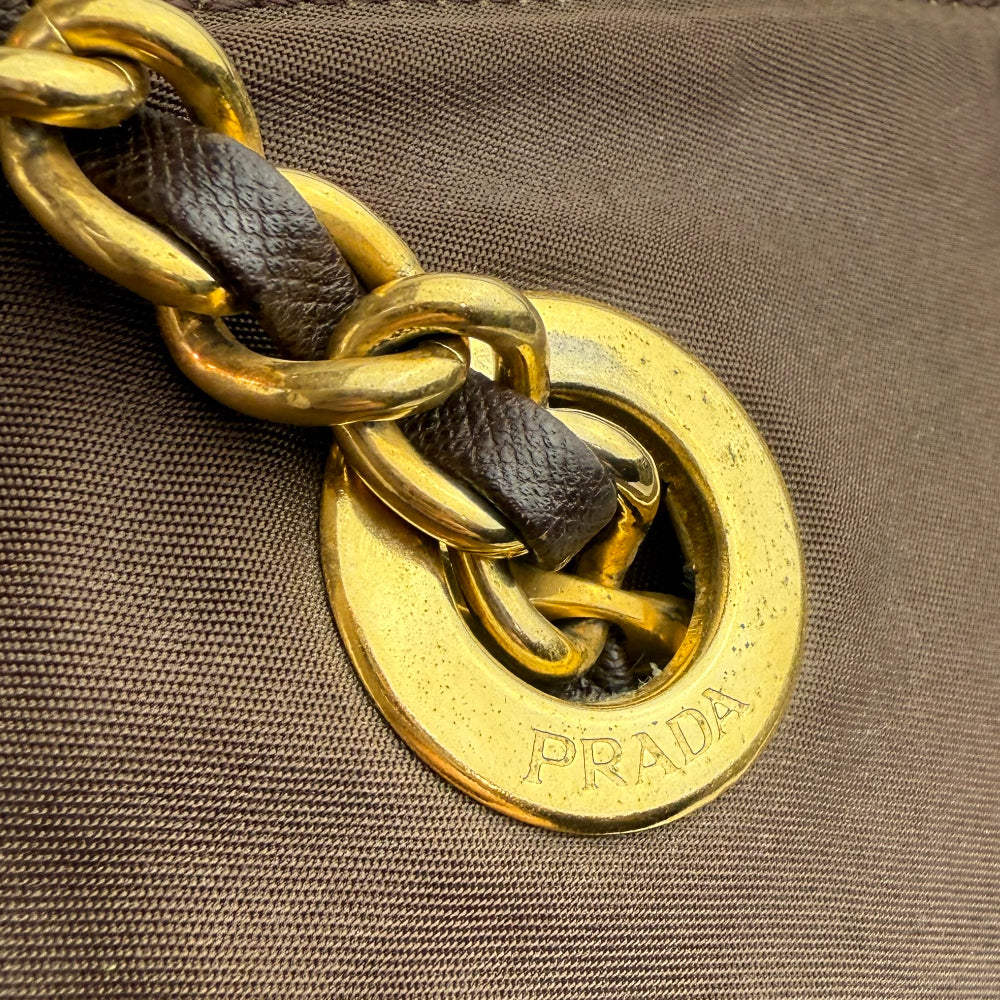PRADA Quilted Brown Nylon Gold Chain Shoulder Bag LHQ1178