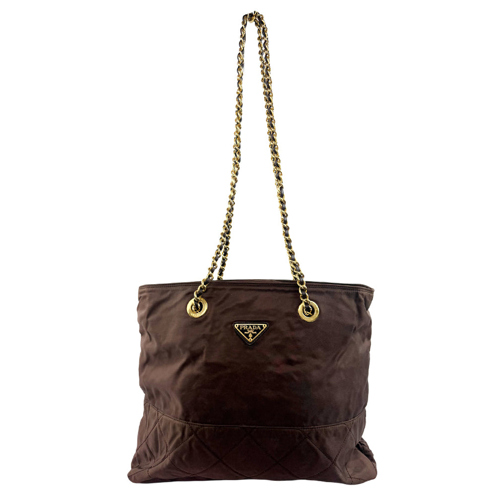 PRADA Quilted Brown Nylon Gold Chain Shoulder Bag LHQ1178