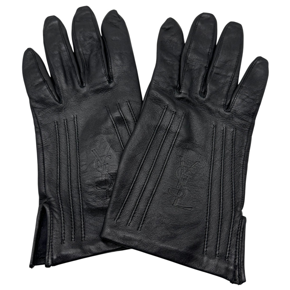 YSL Saint Laurent Black Leather Ladies Gloves Size Medium LHQ1201