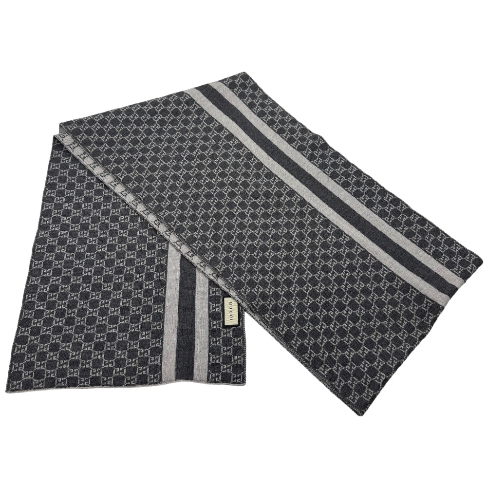 GUCCI GG Jacquard Grey Wool Scarf LHQ1226