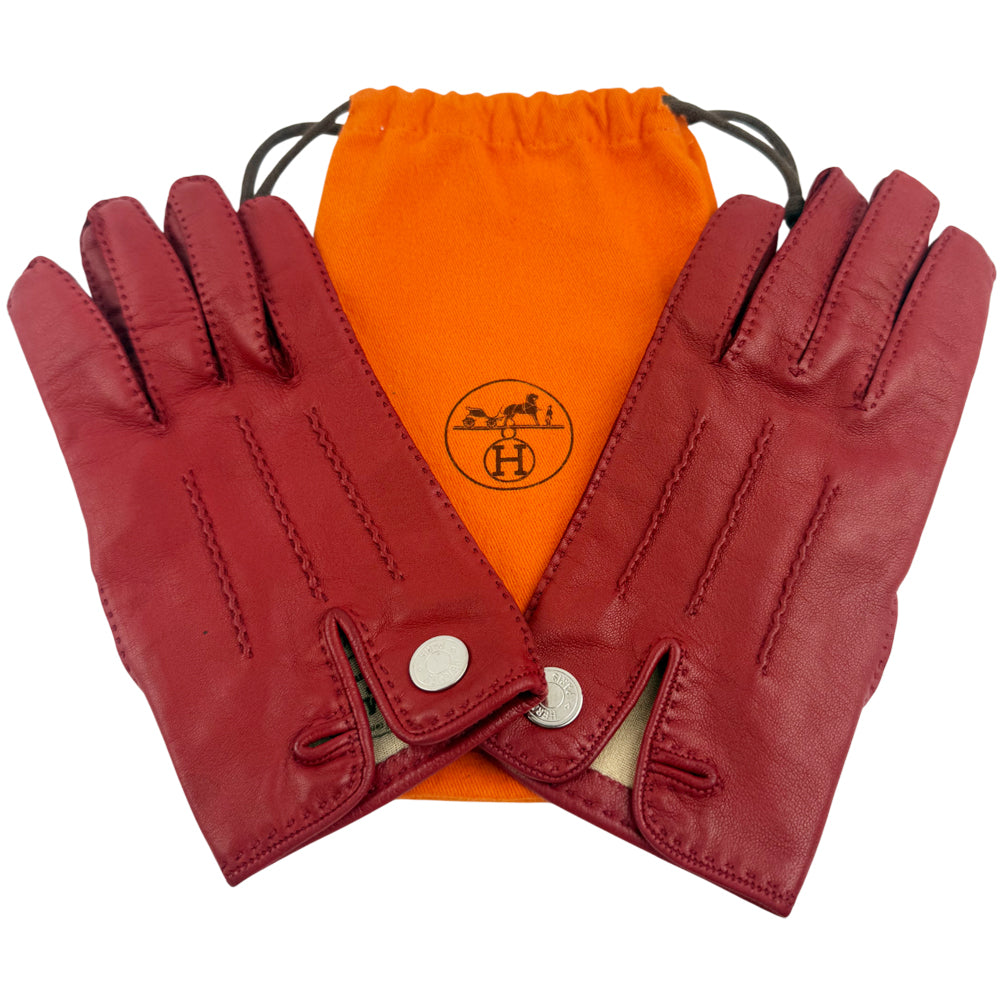 HERMES Red Leather Ladies Gloves Size 6.5 LHQ1228