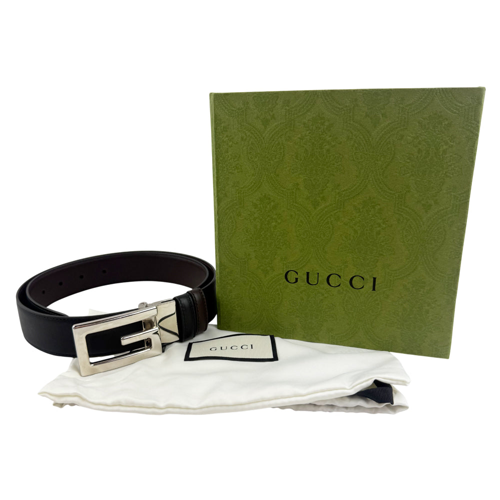 GUCCI Square G Buckle Reversible Black/Brown Leather Mens Belt Sz 34-36 With Box LHQ1336