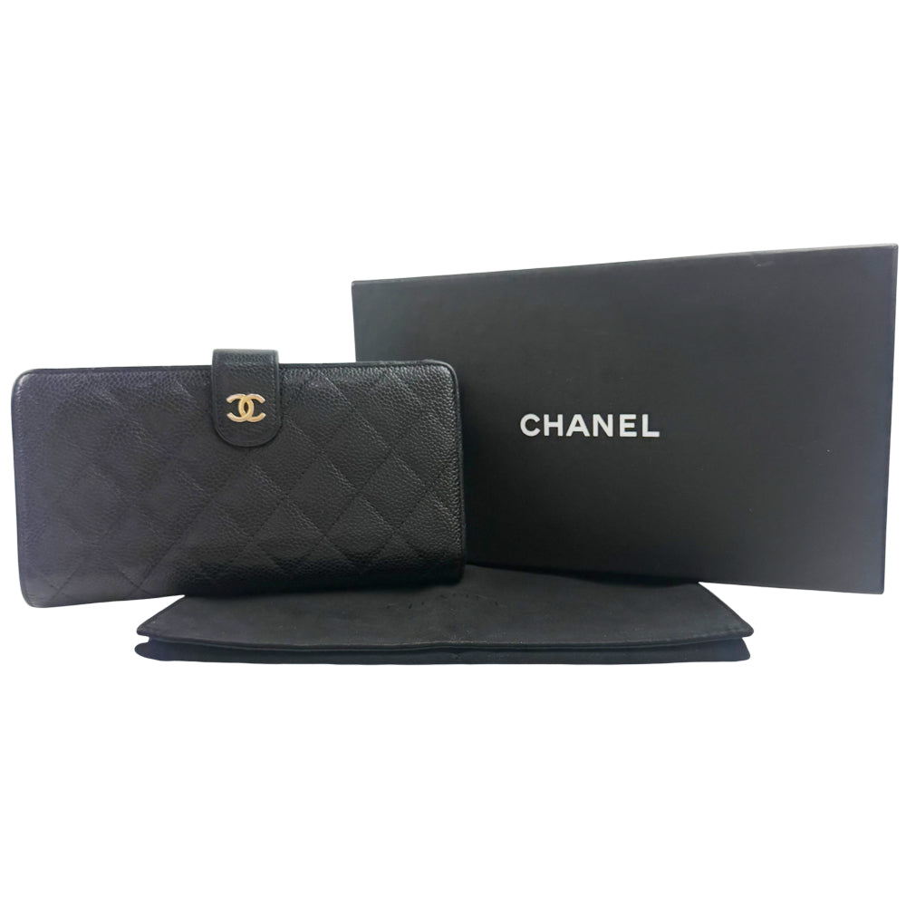 LHQ1354 CHANEL Caviar Leather Black Long Zippy Purse LHQ1354
