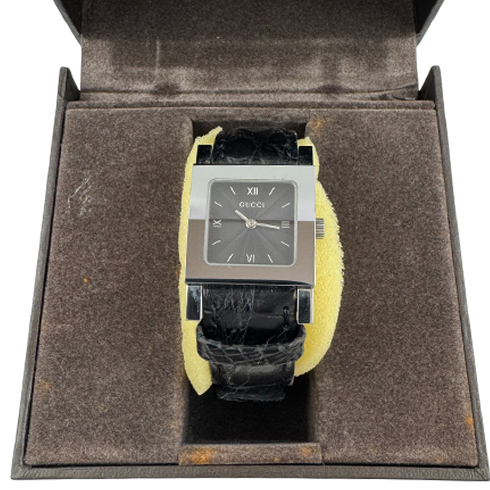 GUCCI Black Dial Silver Leather Strap Stainless Steel Watch LHQ1472