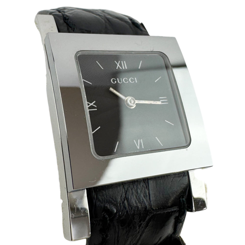 GUCCI Black Dial Silver Leather Strap Stainless Steel Watch LHQ1472