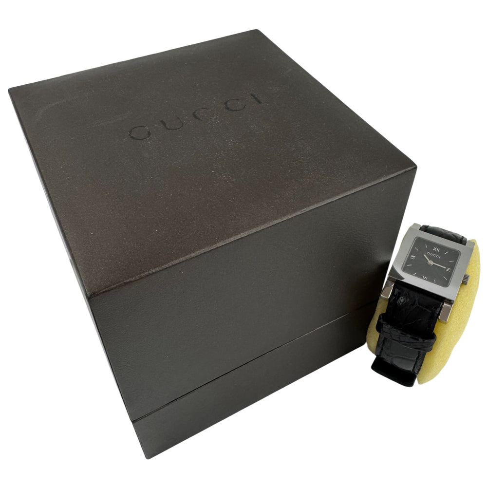 GUCCI Black Dial Silver Leather Strap Stainless Steel Watch LHQ1472