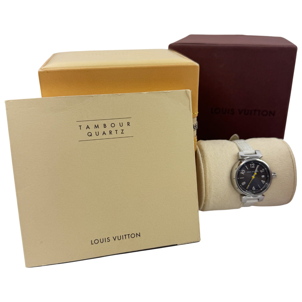 LOUIS VUITTON Brown Dial Tambour White Leather Strap Watch LHQ1479