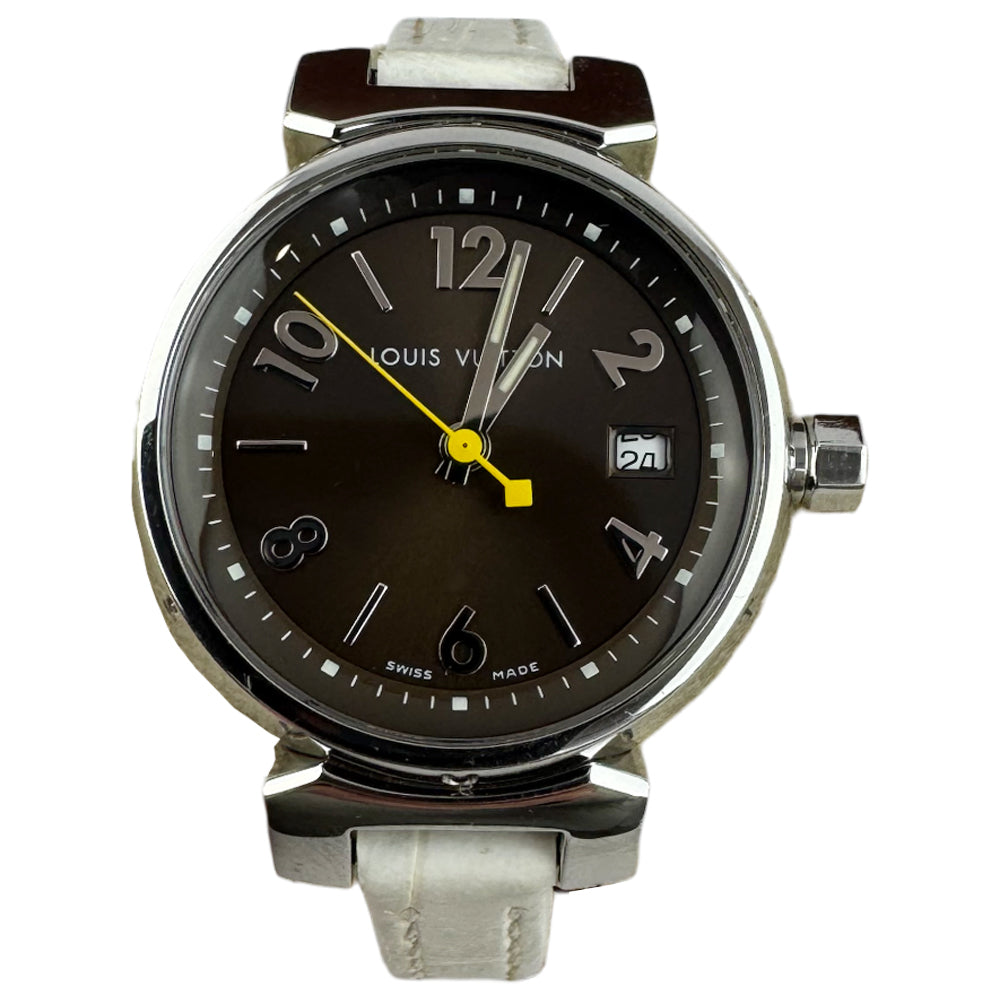 LOUIS VUITTON Brown Dial Tambour White Leather Strap Watch LHQ1479