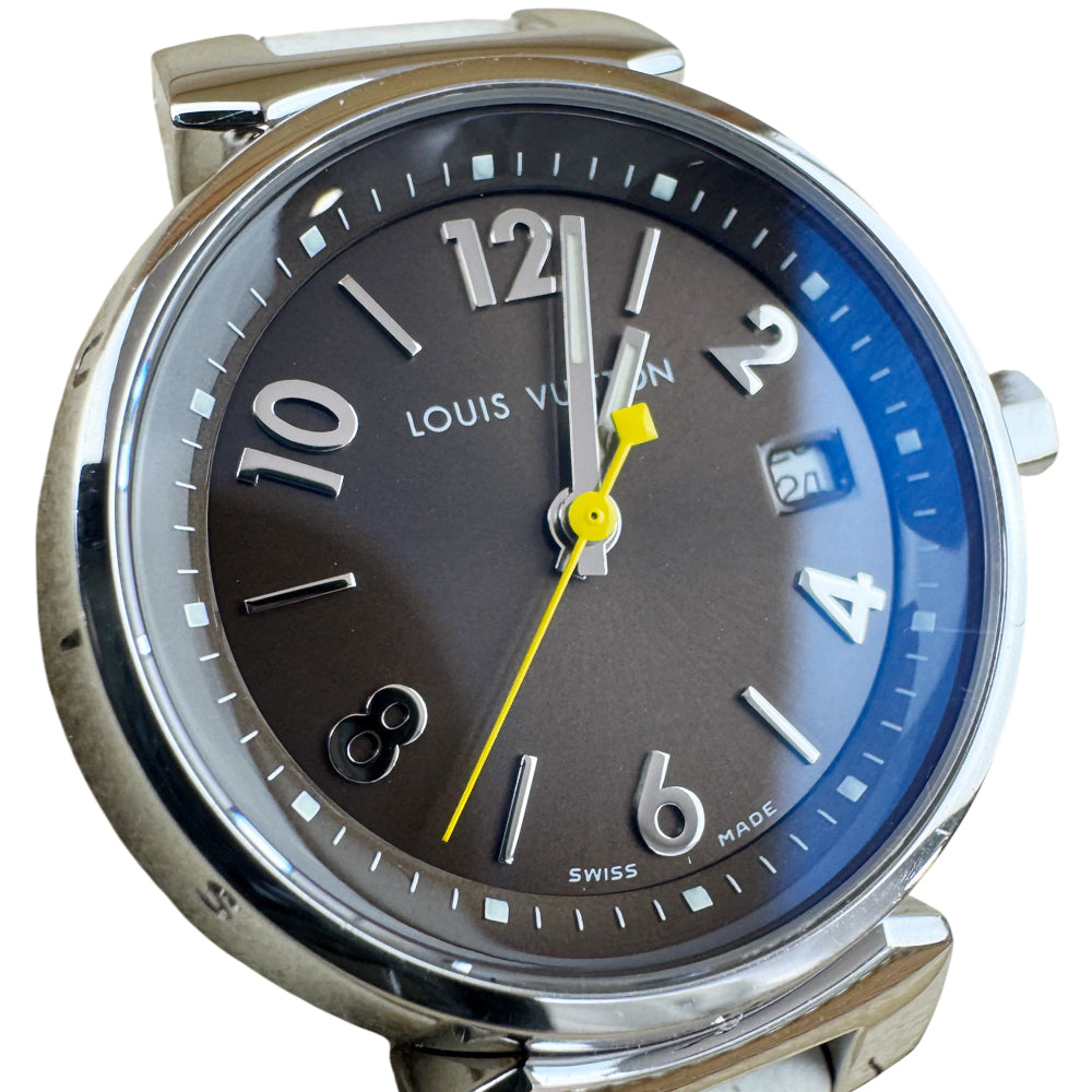 LOUIS VUITTON Brown Dial Tambour White Leather Strap Watch LHQ1479