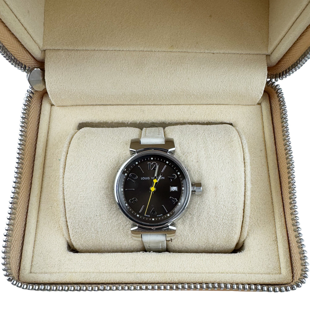 LOUIS VUITTON Brown Dial Tambour White Leather Strap Watch LHQ1479
