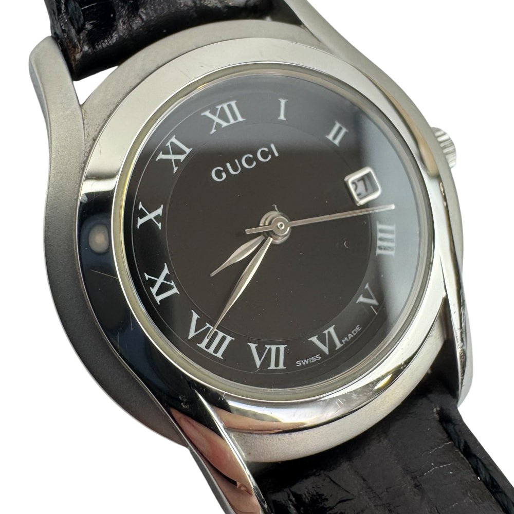 GUCCI Silver Black Leather Strap Stainless Steel Watch LHQ1547