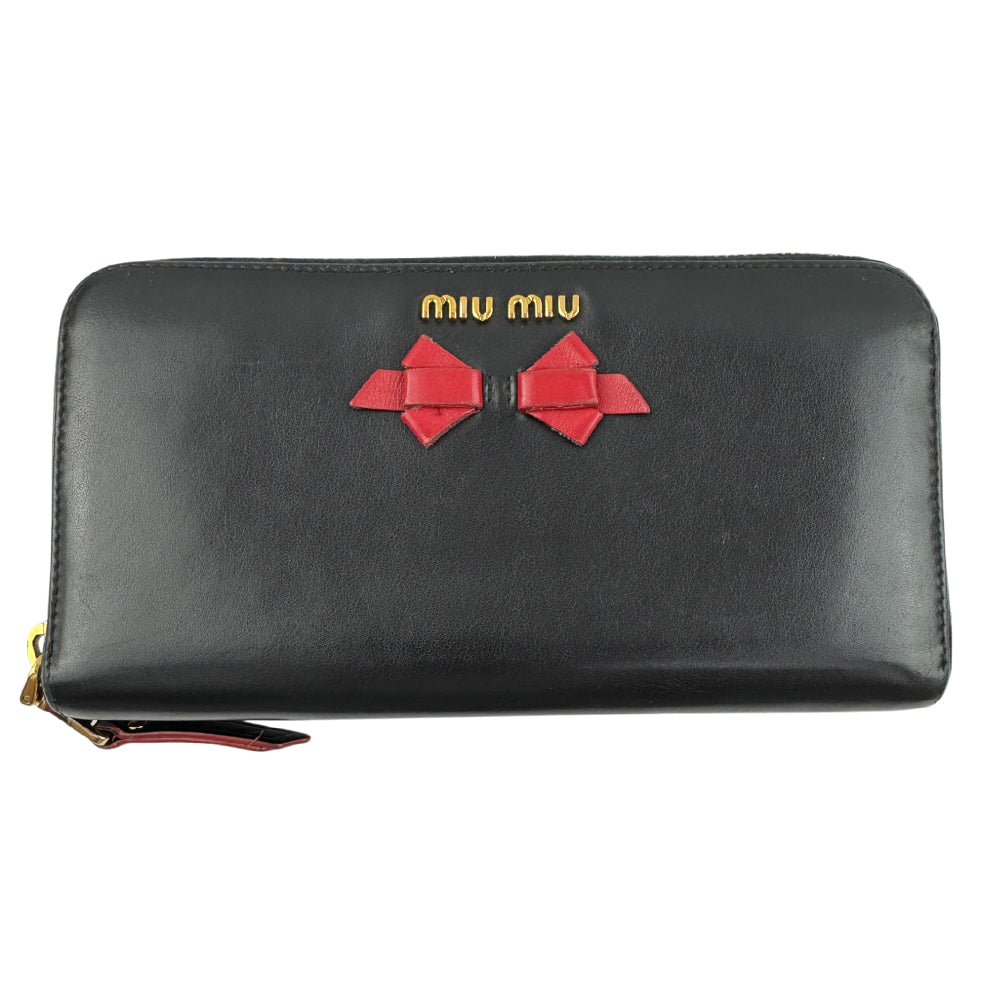 MIU MIU Black Leather Zip-Around Bow Purse LHQ1554