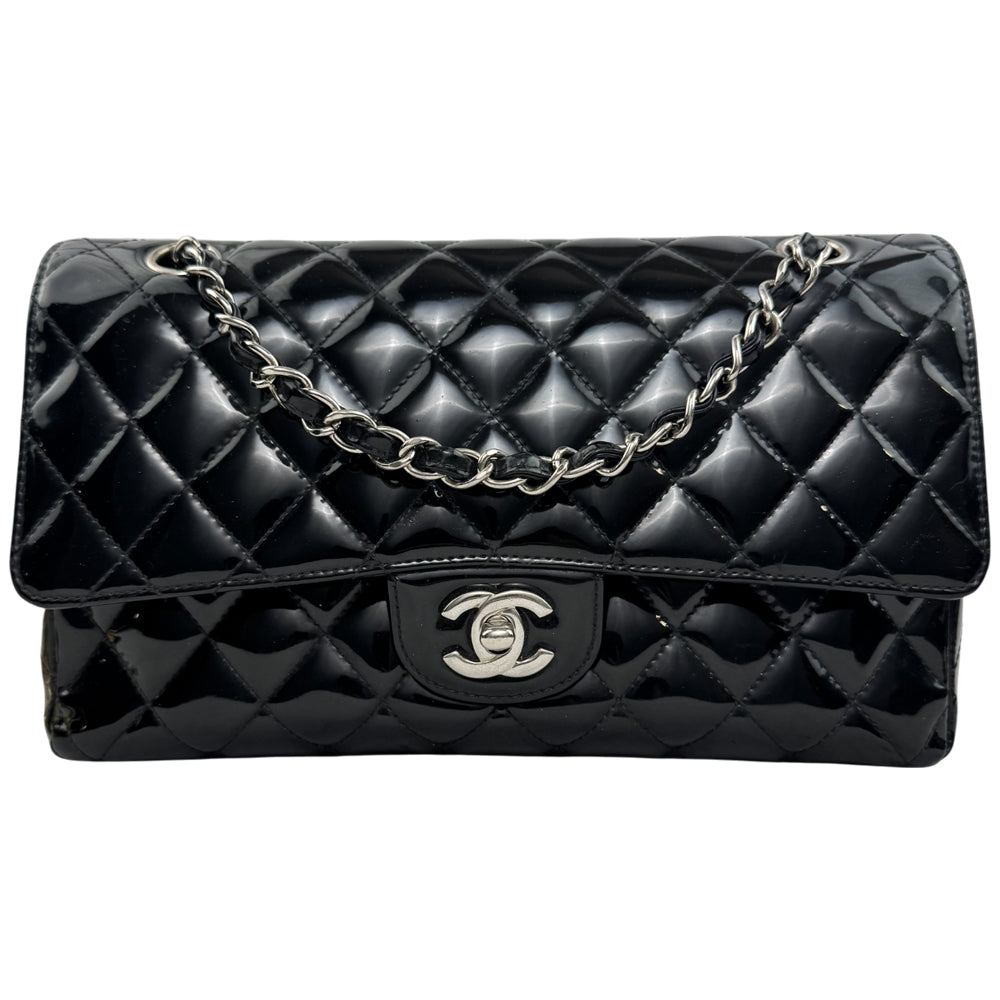 CHANEL Black Patent Leather Classic Flap Medium Crossbody Shoulder Bag LHQ1583