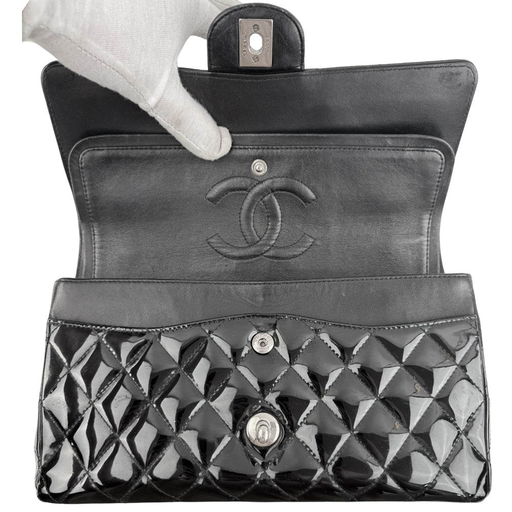 CHANEL Black Patent Leather Classic Flap Medium Crossbody Shoulder Bag LHQ1583