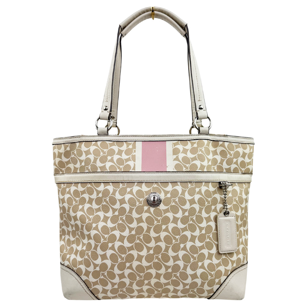 COACH Cream Signature Canvas Heritage Stripe Tote Shoulder Bag LHQ1840