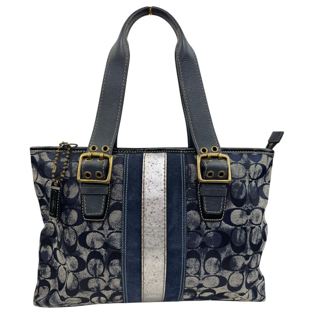 COACH Signature Blue Denim Distressed Stripe Shoulder Tote Bag LHQ1852