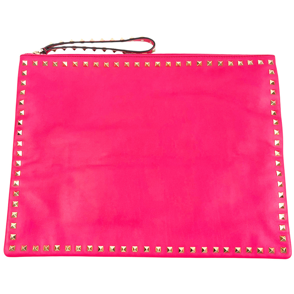 VALENTINO Pink Leather Studded Large Clutch Pouch LHQ2096