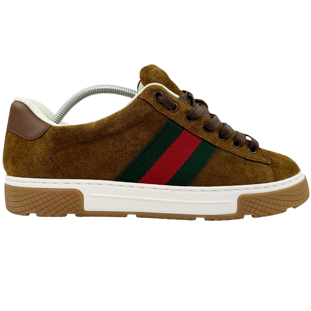 GUCCI Brown Suede Web Ace Trainers Size 8.5 UK LHQ2155