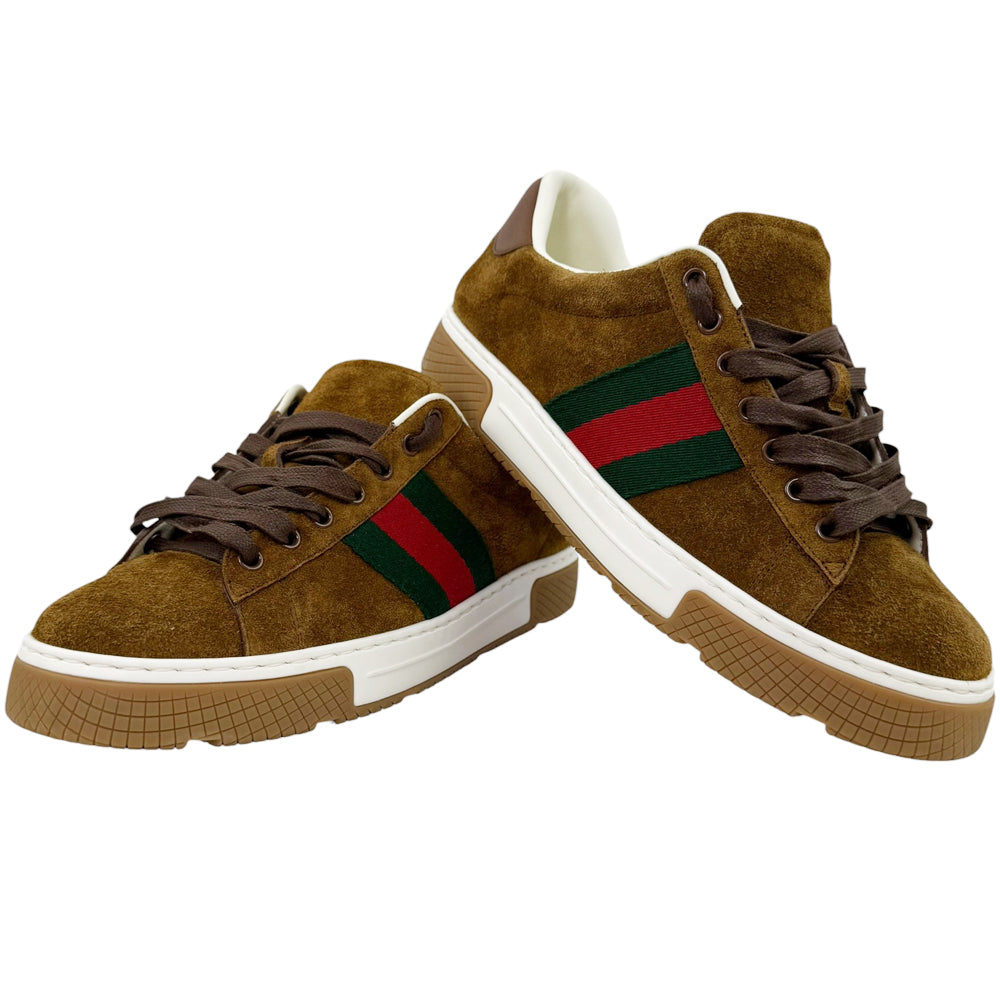 GUCCI Brown Suede Web Ace Trainers Size 8.5 UK LHQ2155