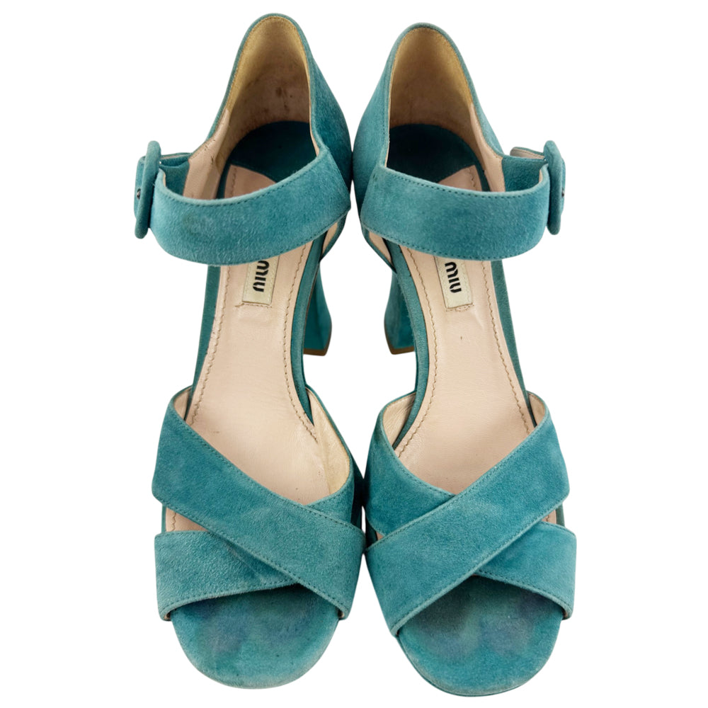 MIU MIU Teal Suede Heels Size 4 UK LHQ2168