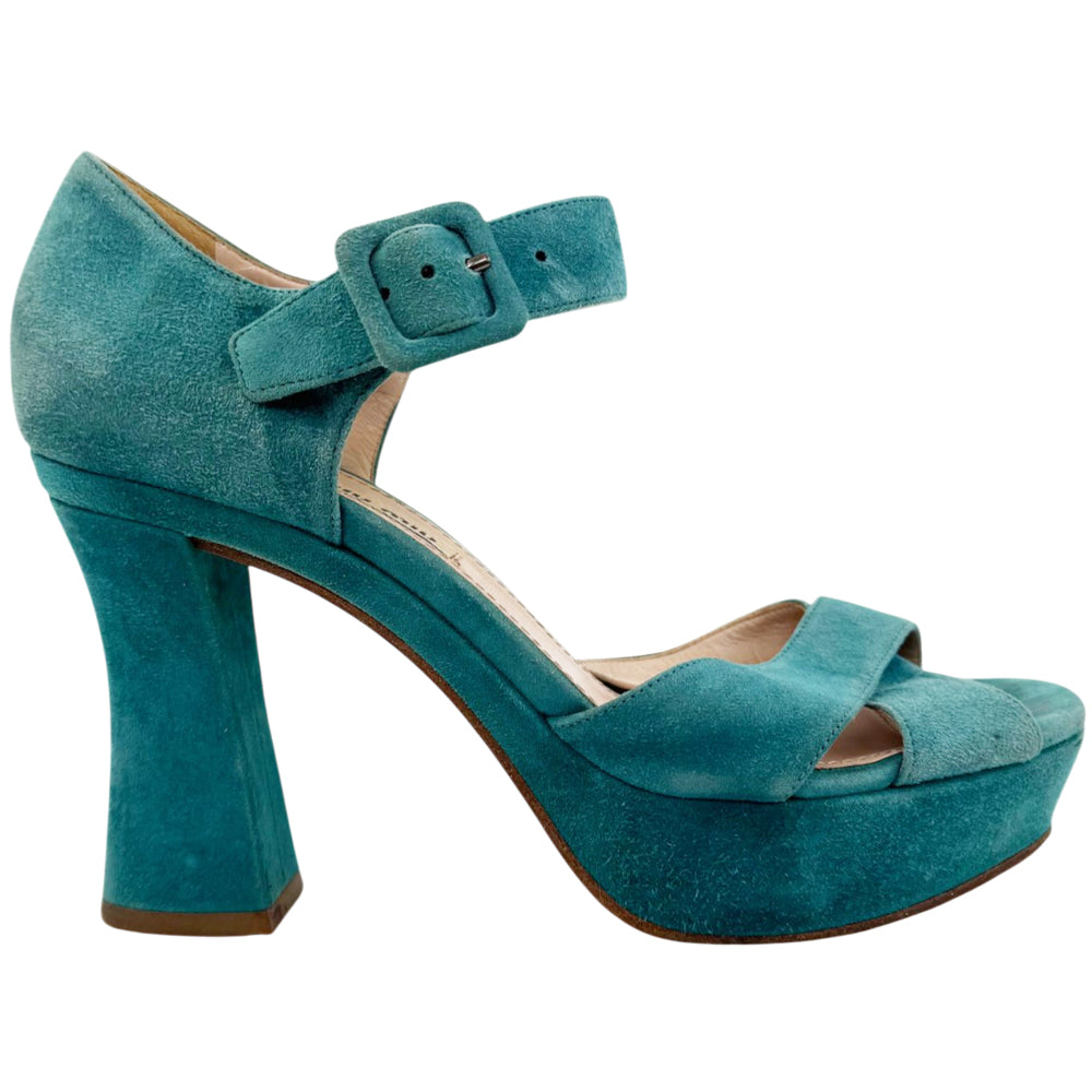 MIU MIU Teal Suede Heels Size 4 UK LHQ2168