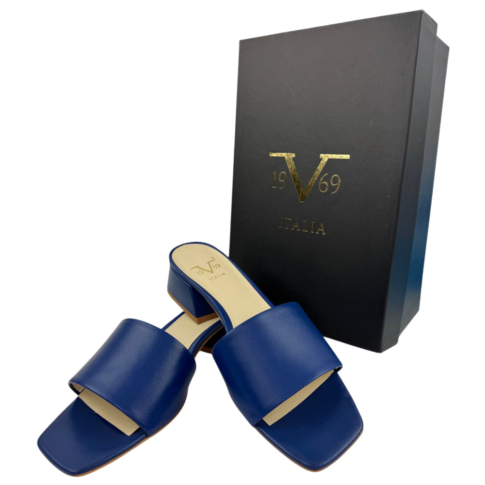 VERSACE 1969 Dark Blue Leather Heel Sandals Size 6 UK LHQ2170