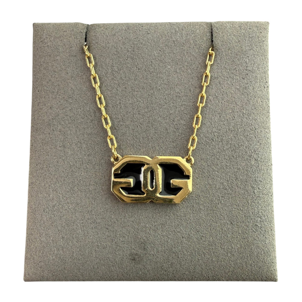 GIVENCHY Black Enamel Double G Pendant Gold Necklace LHQ2233