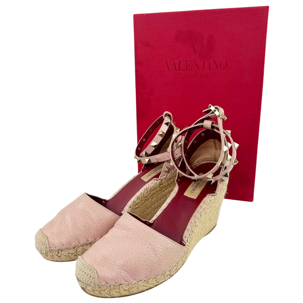 VALENTINO Pink Leather Rockstud Ankle-Strap Espadrille Wedge Sandals Size 4 UK LHQ2291