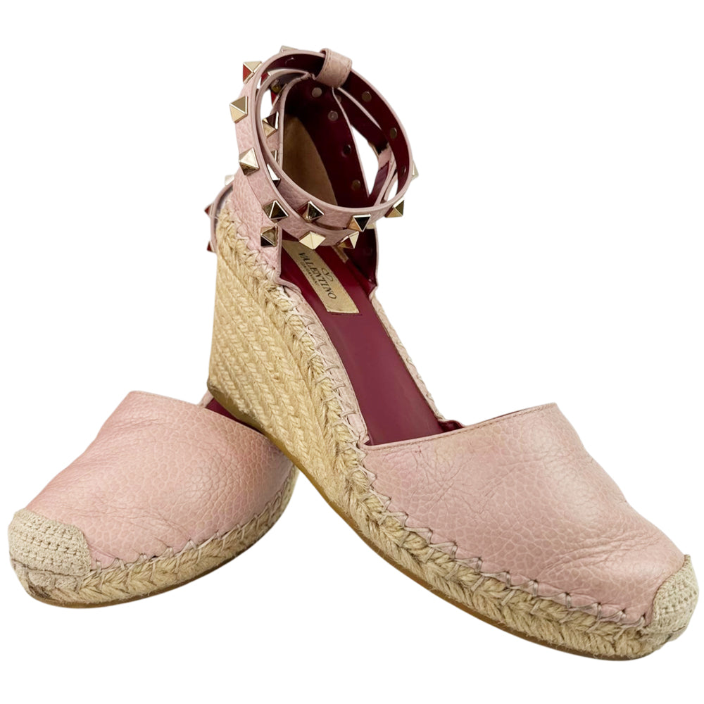 VALENTINO Pink Leather Rockstud Ankle-Strap Espadrille Wedge Sandals Size 4 UK LHQ2291