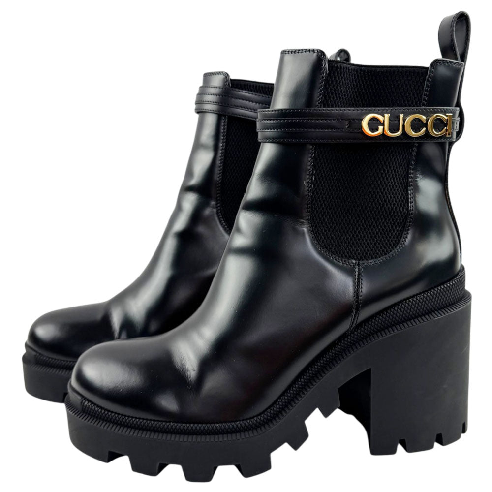 GUCCI Trip Black Leather Leather Logo-Strap Boots Size 7 UK LHQ2417