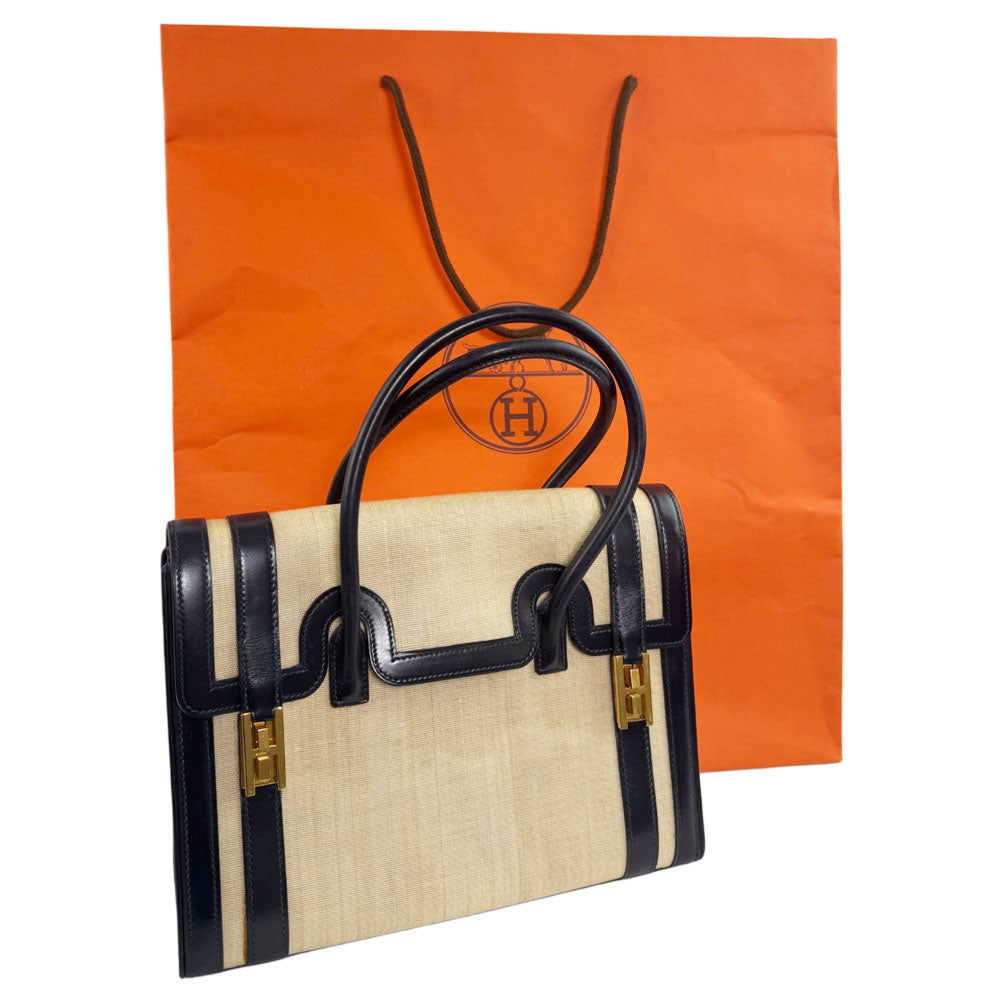 HERMES Drag Navy/Beige Horsehair Handbag LHQ2459